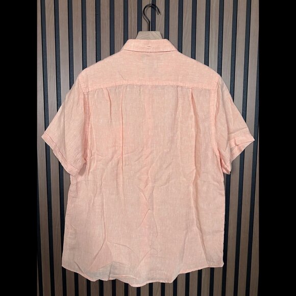 Onia Shirt Large Mens Orange Short Sleeve 100% Linen Oxford Casual Button - Picture 2 of 7